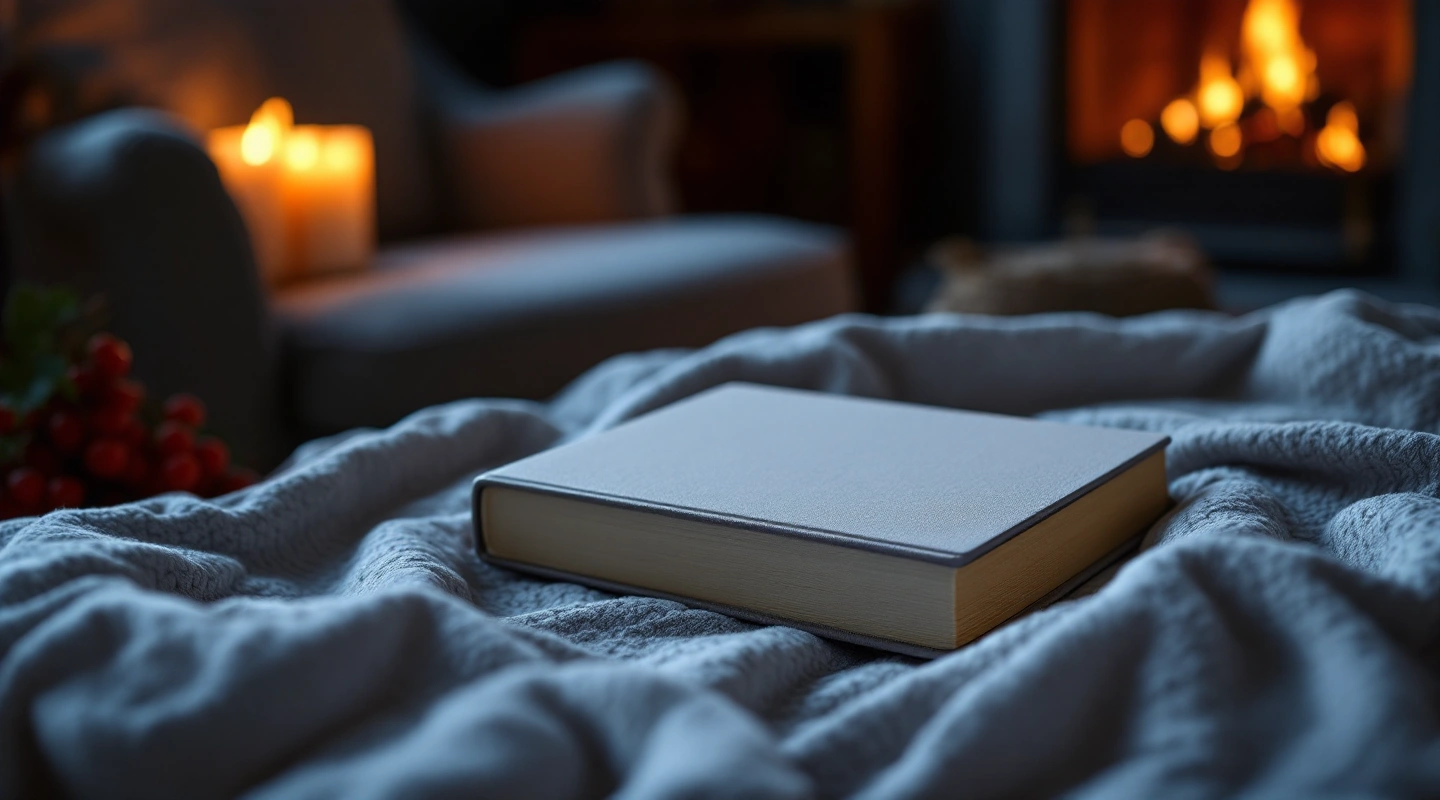 A plain closed book on a grey blanket, with an armchair and fire in the background.