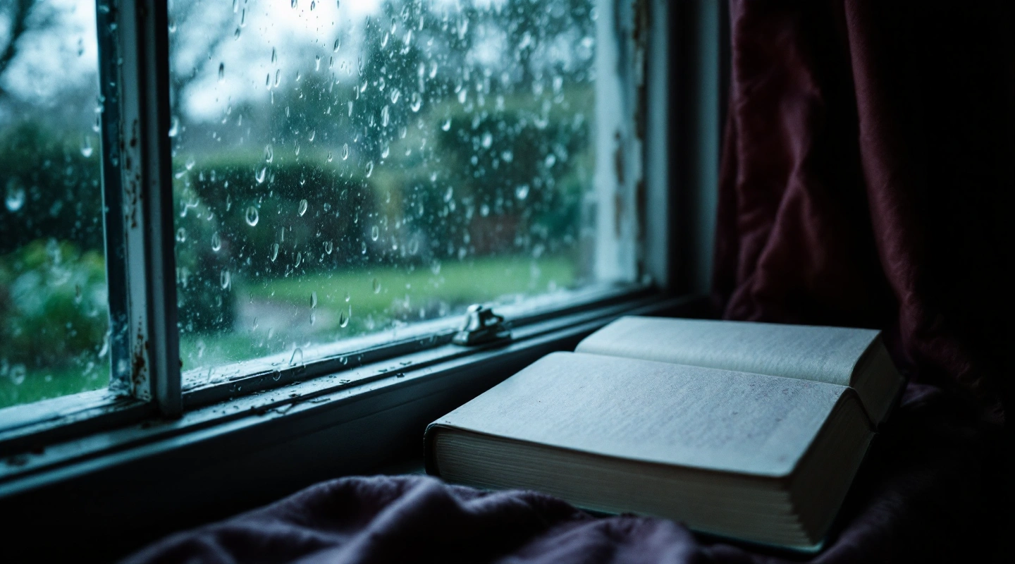An unlabelled open book beside a rain-streaked window and berry curtains.