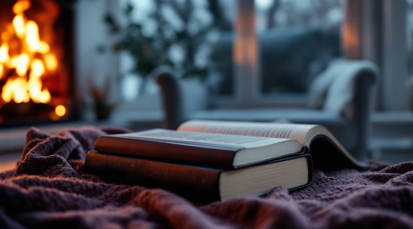 Two stacked plain books on a plum blanket, with a lit fire and a window behind.