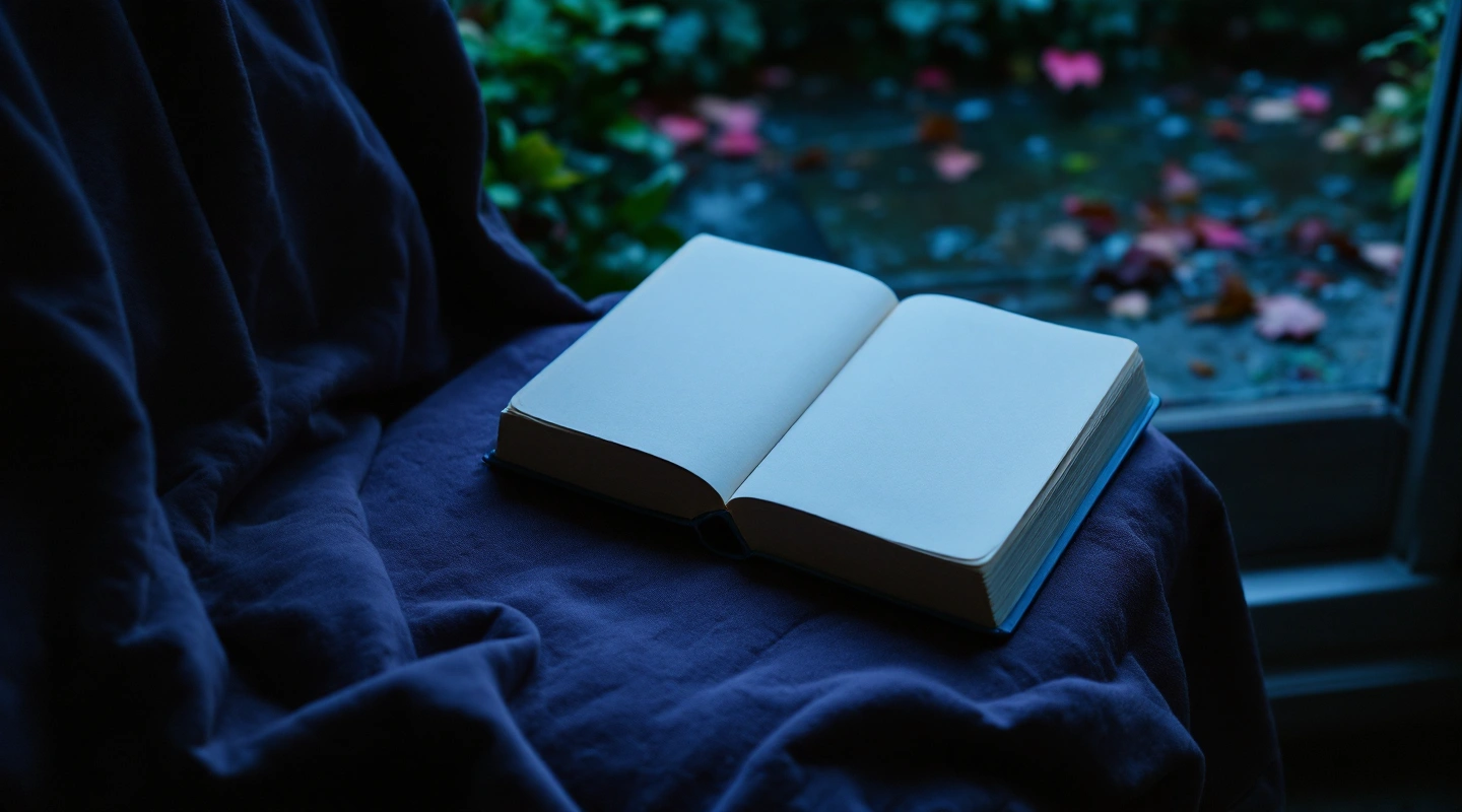 An open book with blank pages on a blue chair beside a window.