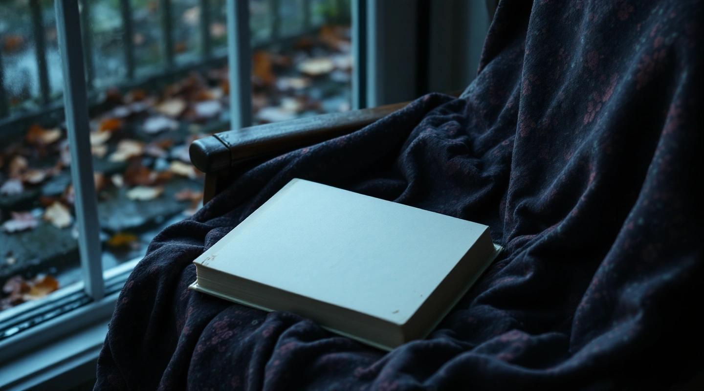A plain closed book on a dark throw beside a window and fallen leaves.