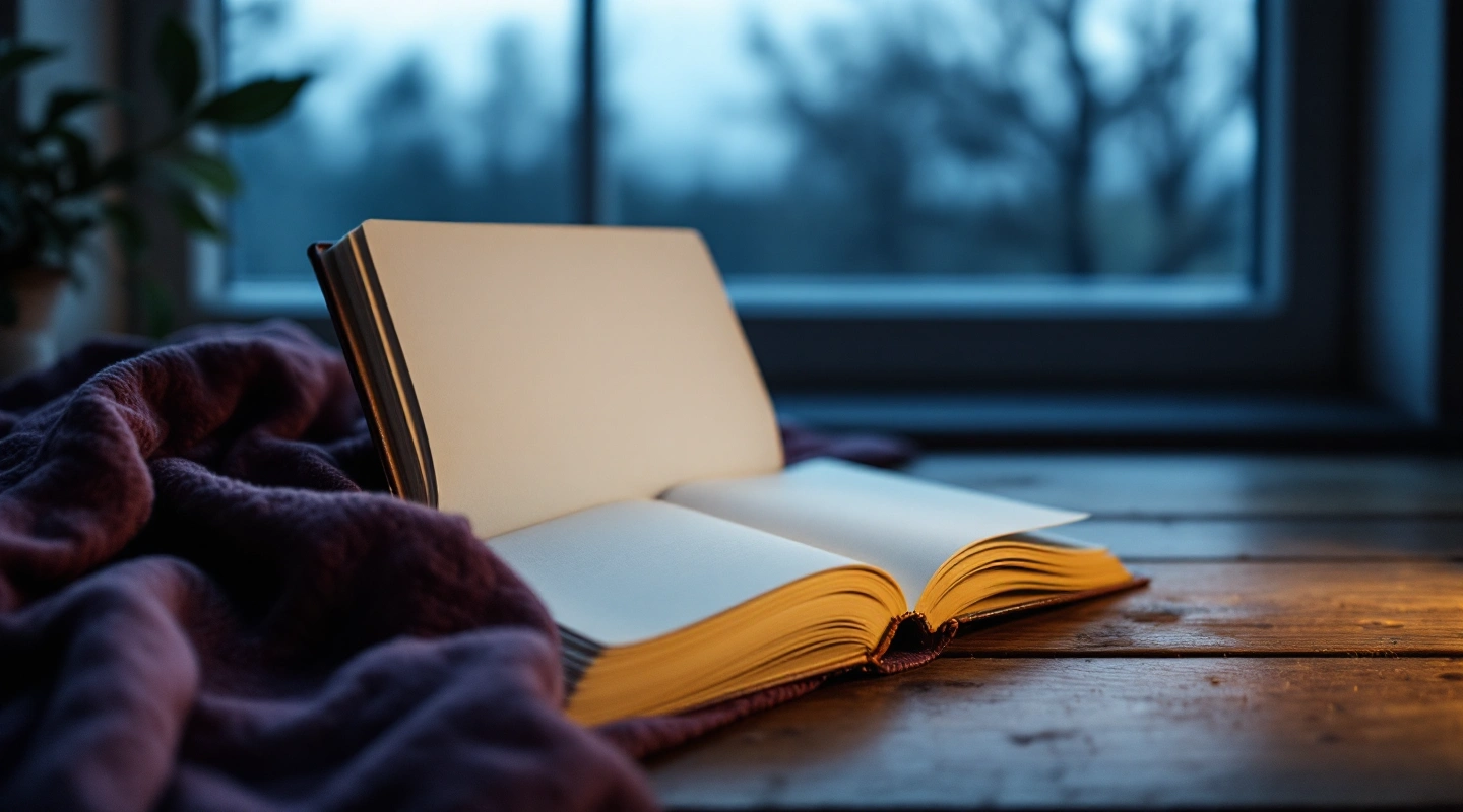 An open blank book on a wooden table beside a window.