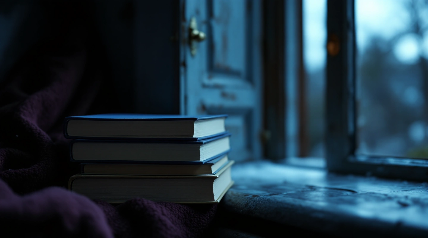 A stack of plain books beside a cold blue window.