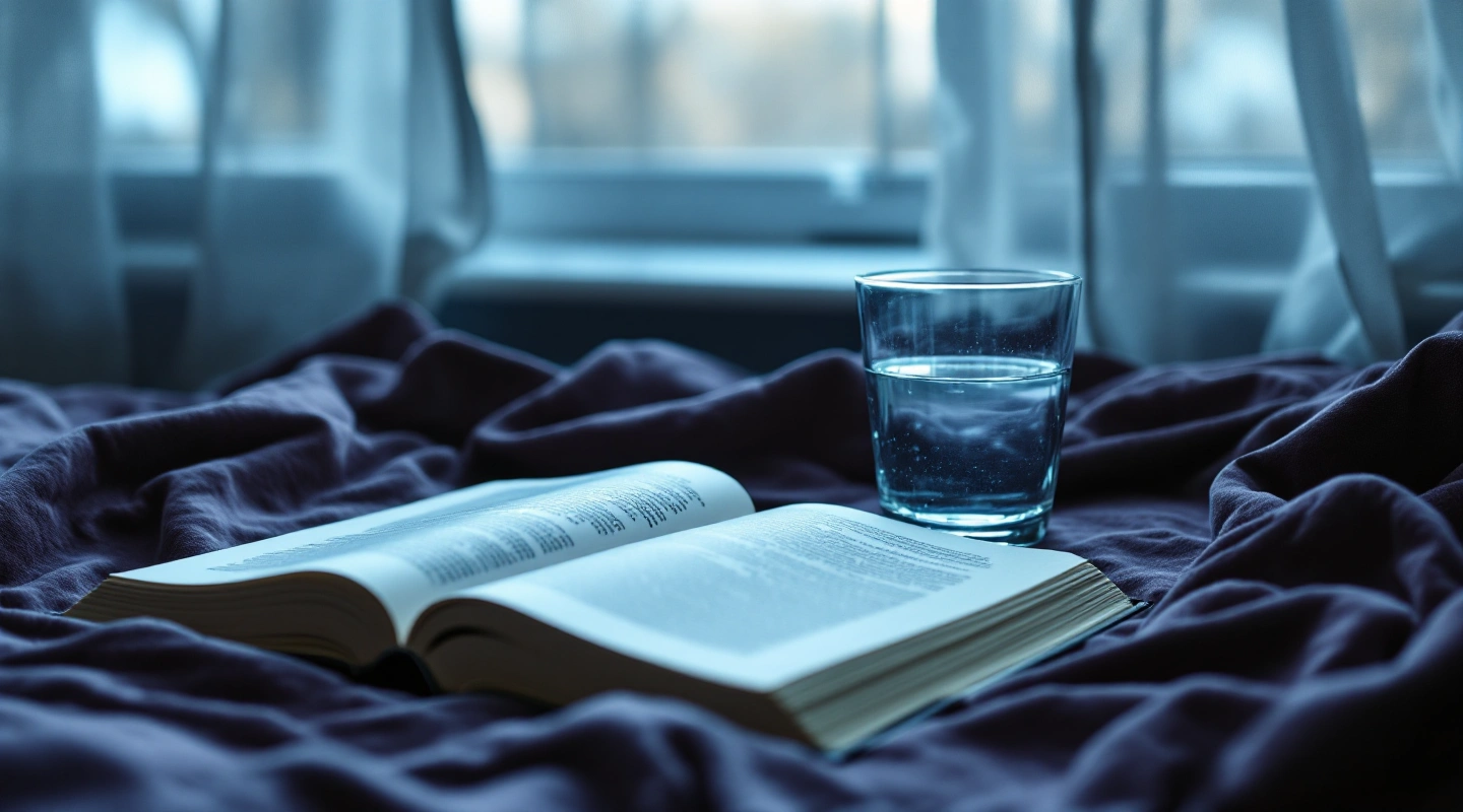 An open book with blurred pages on a rumpled blue bed beside a glass of water.