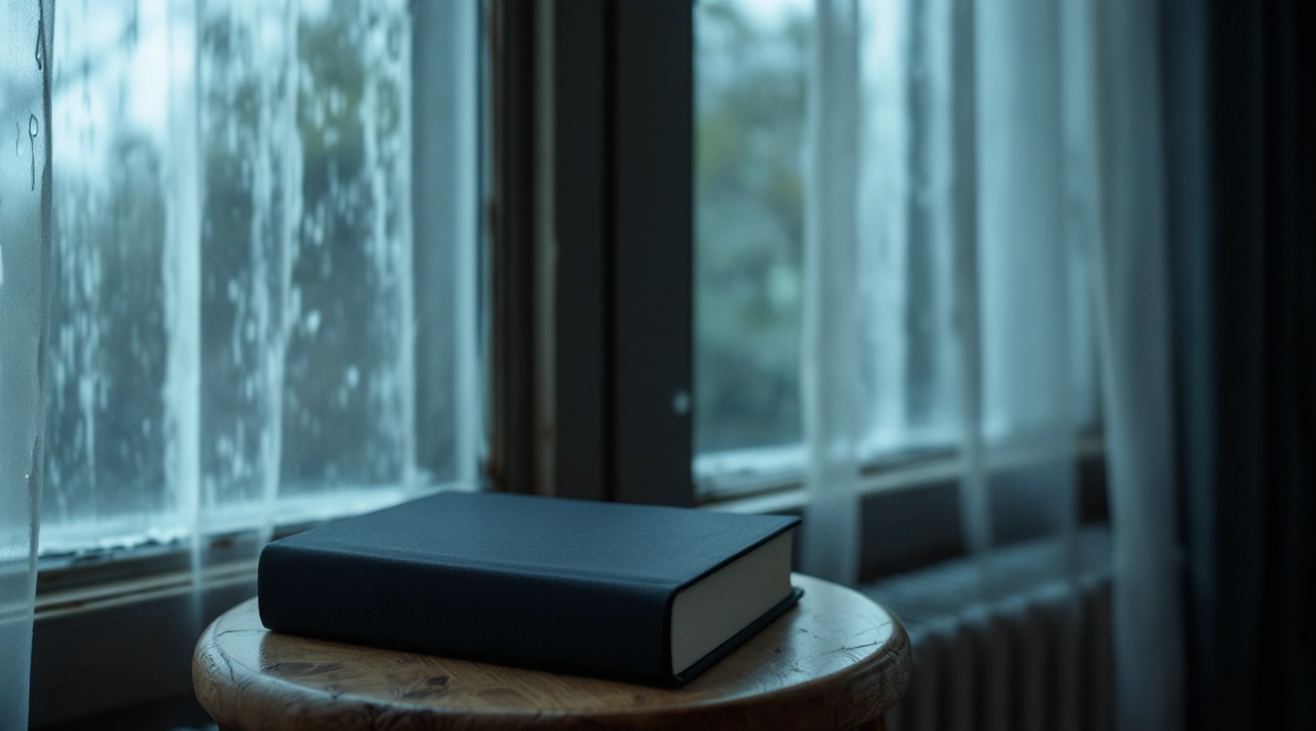 A plain closed blue book on a wooden stool beside a rain-streaked window.