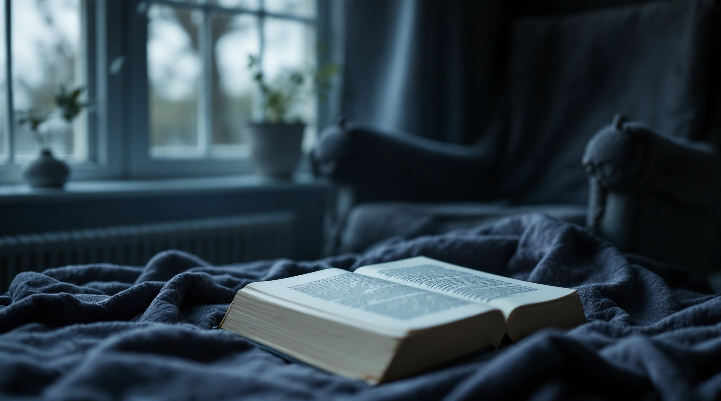 An open book on a dark blanket in a dim room with an armchair and window.