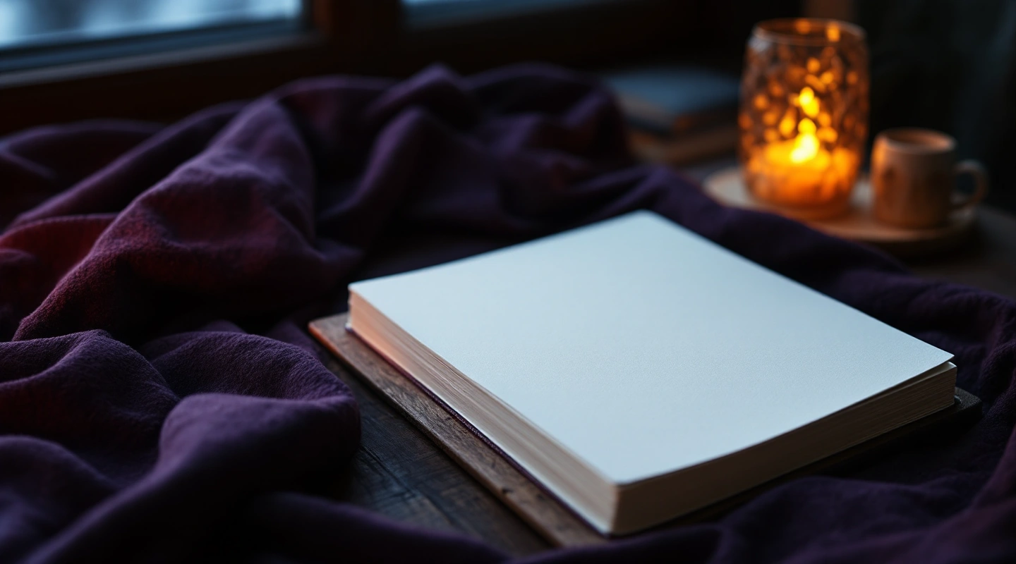A blank open book on a plum blanket near a candle and cup.