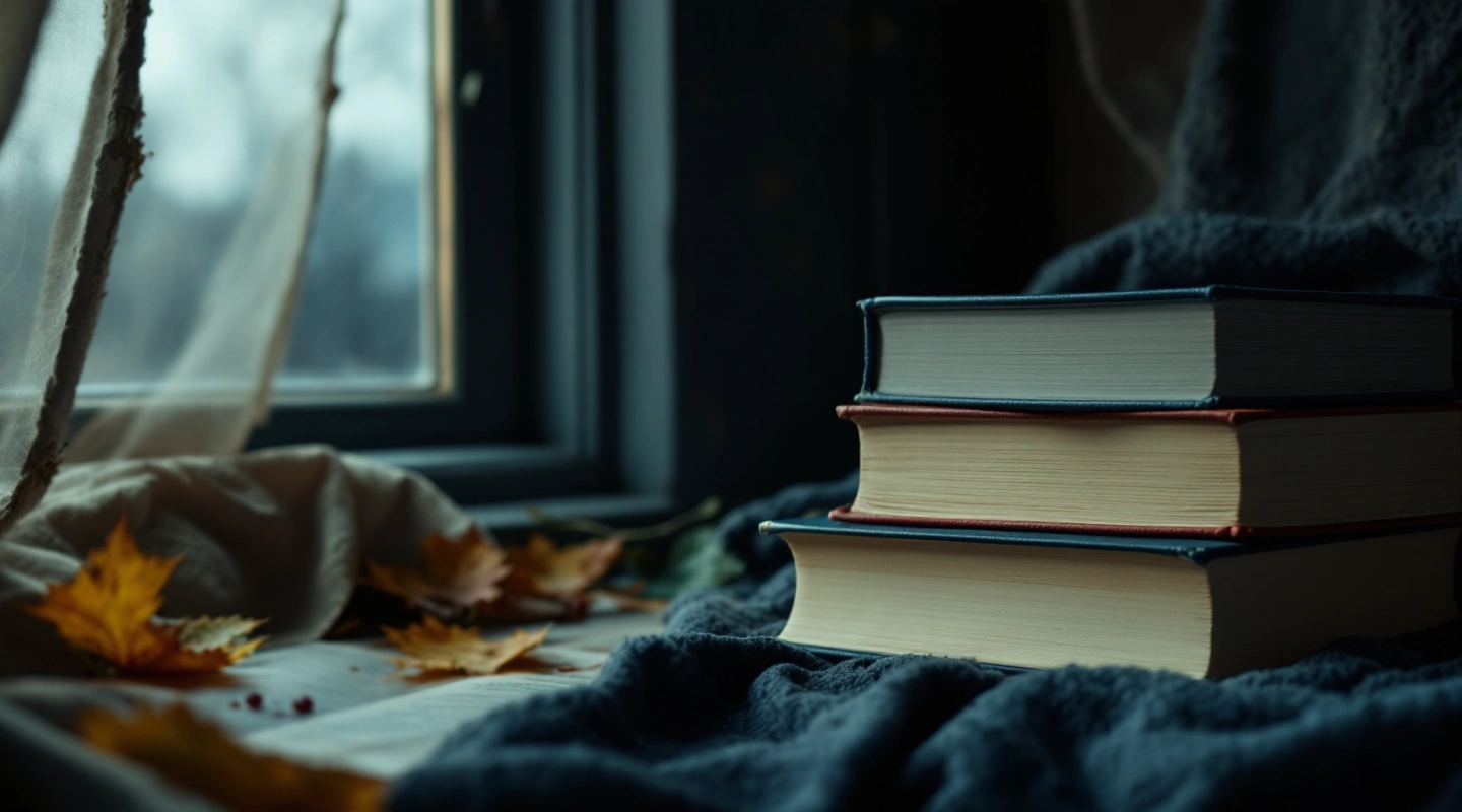 Three plain closed books beside fallen leaves at a curtained window.