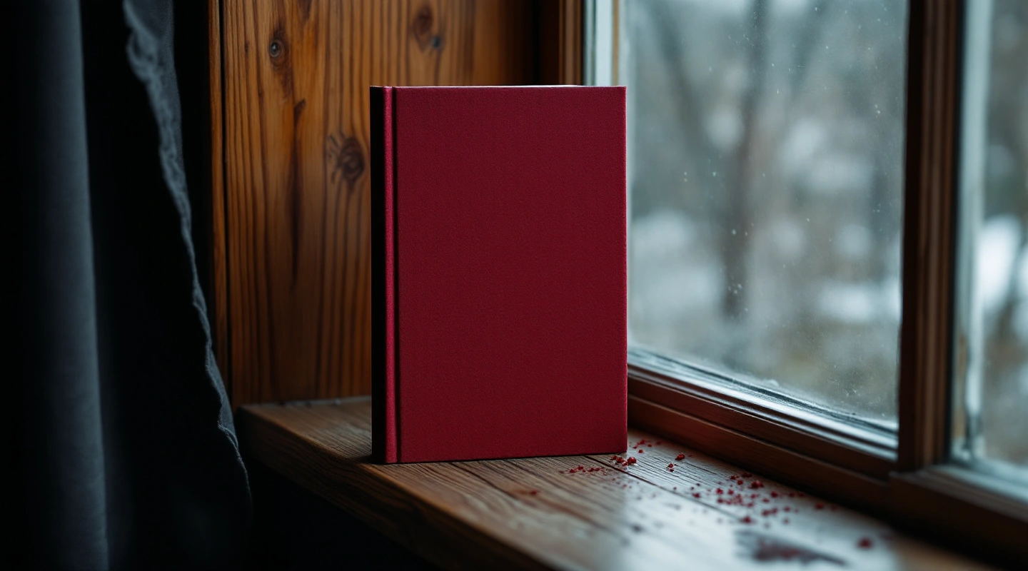 A plain burgundy clothbound book standing on a wooden window ledge.