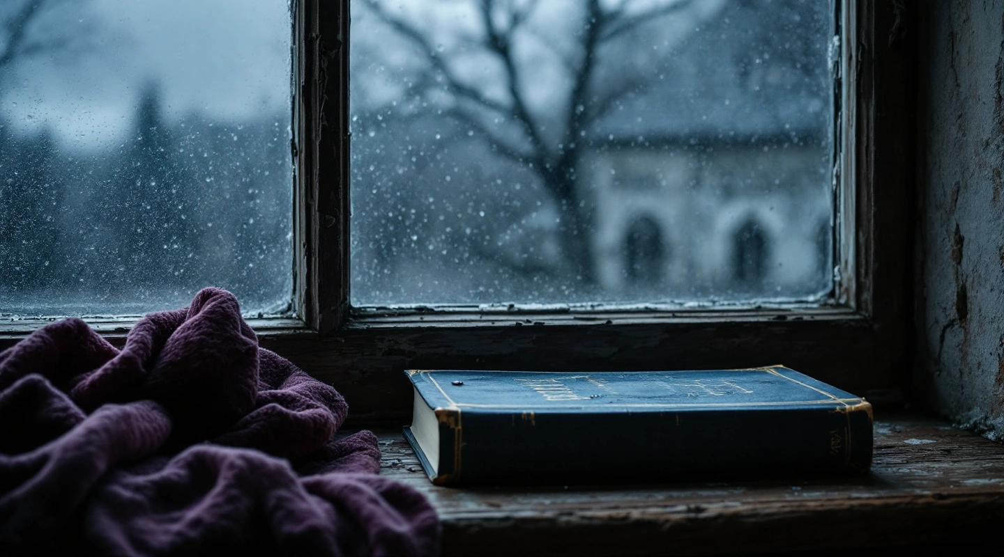 A plain closed book on a rain-streaked windowsill.