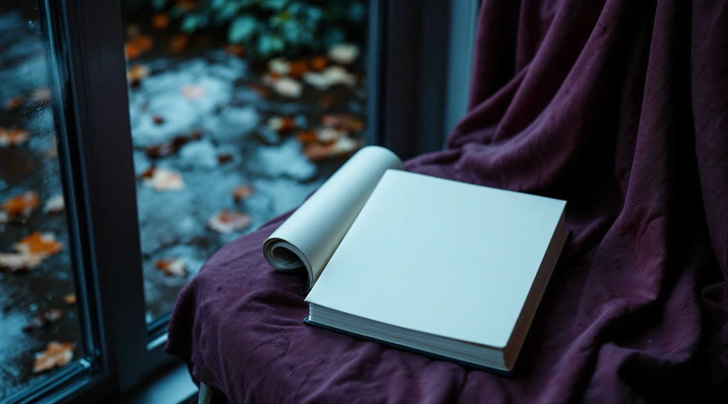 An open blank notebook on a plum chair beside an autumn window.