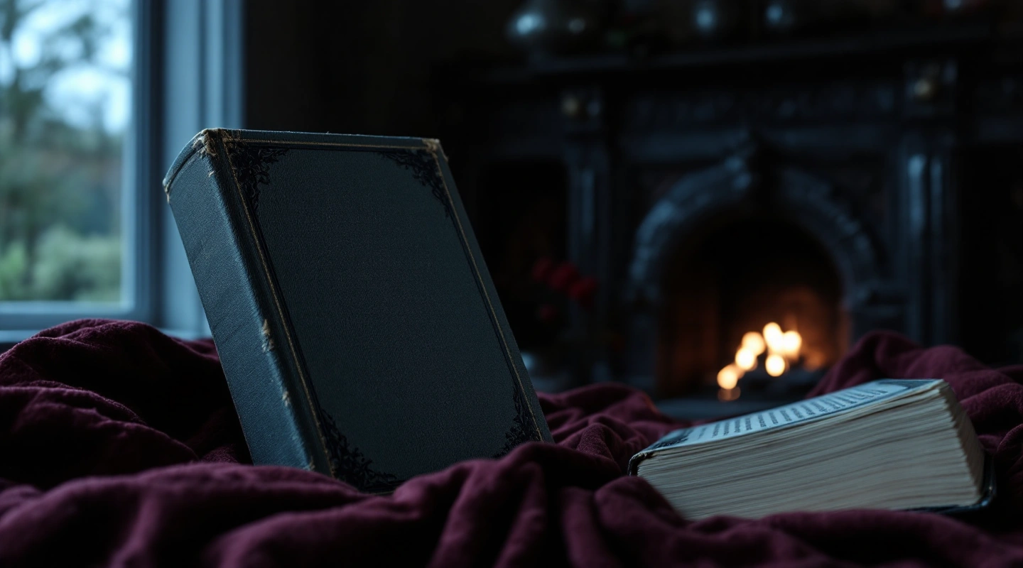 Plain unlabelled books beside a softly lit fireplace.