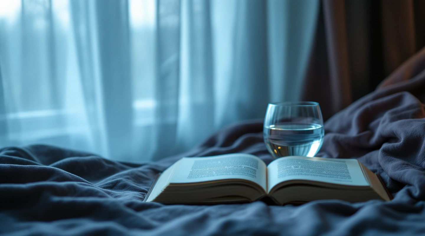 An open book on a blue blanket with a glass of water and sheer curtains.