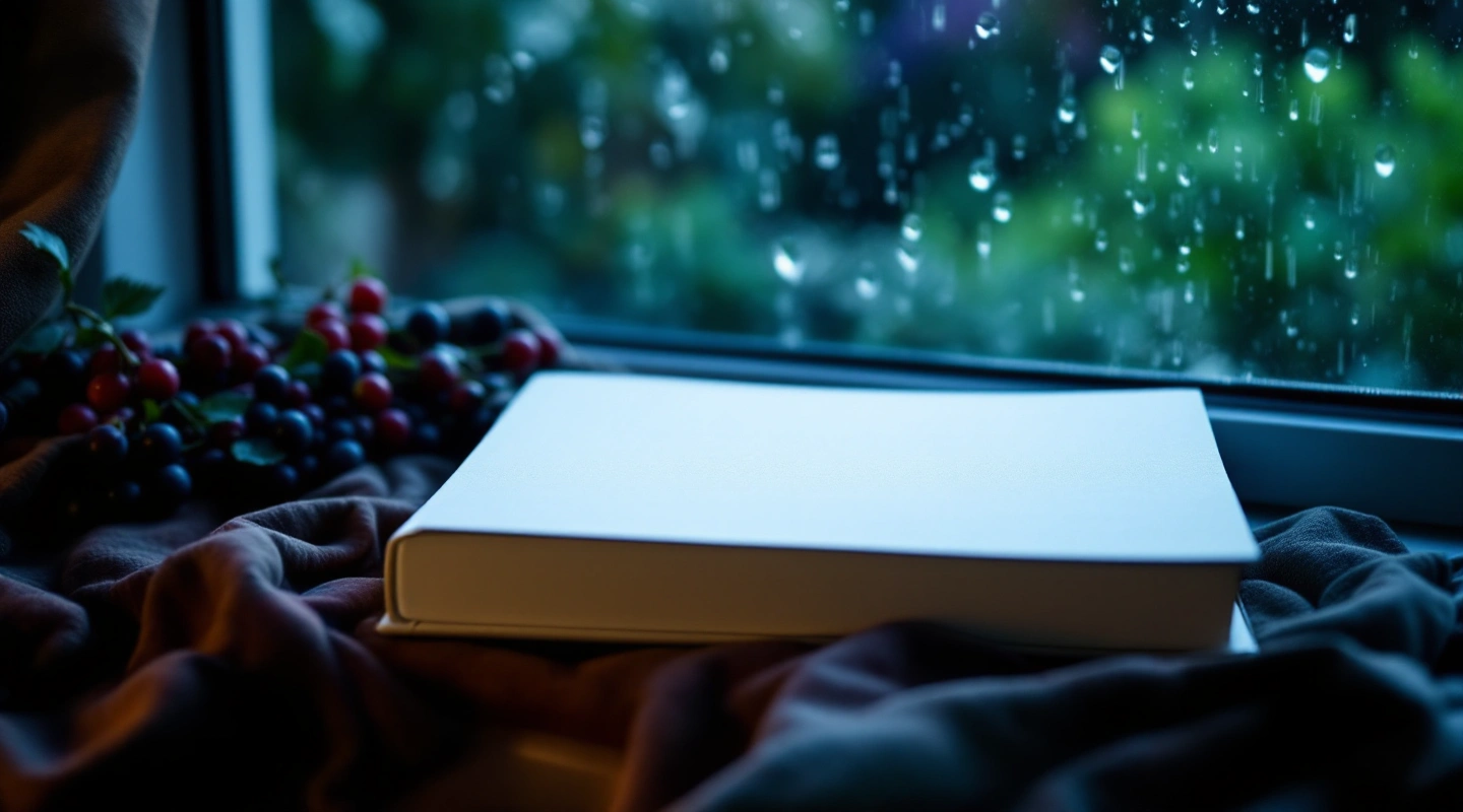 A plain clothbound book beside a window in a quiet reading room.