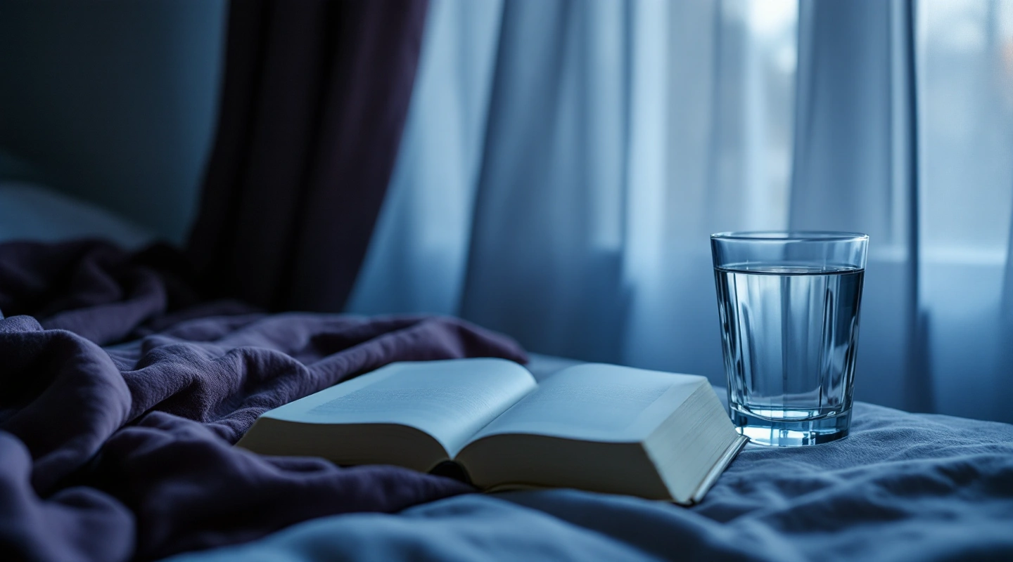 An open blank-paged book and a glass of water on dark fabric by a window.