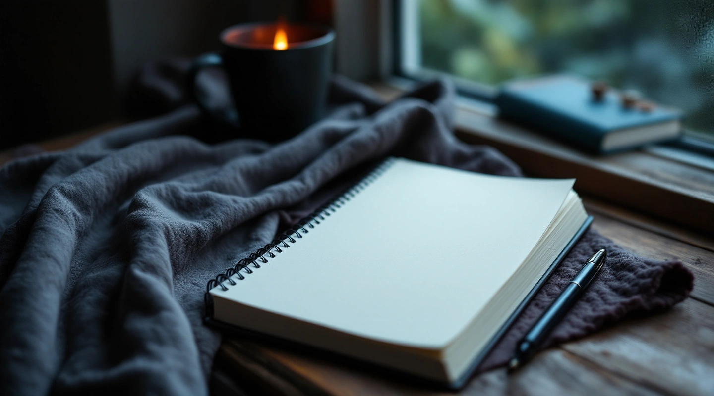 A blank spiral notebook and pen beside a window and candle.