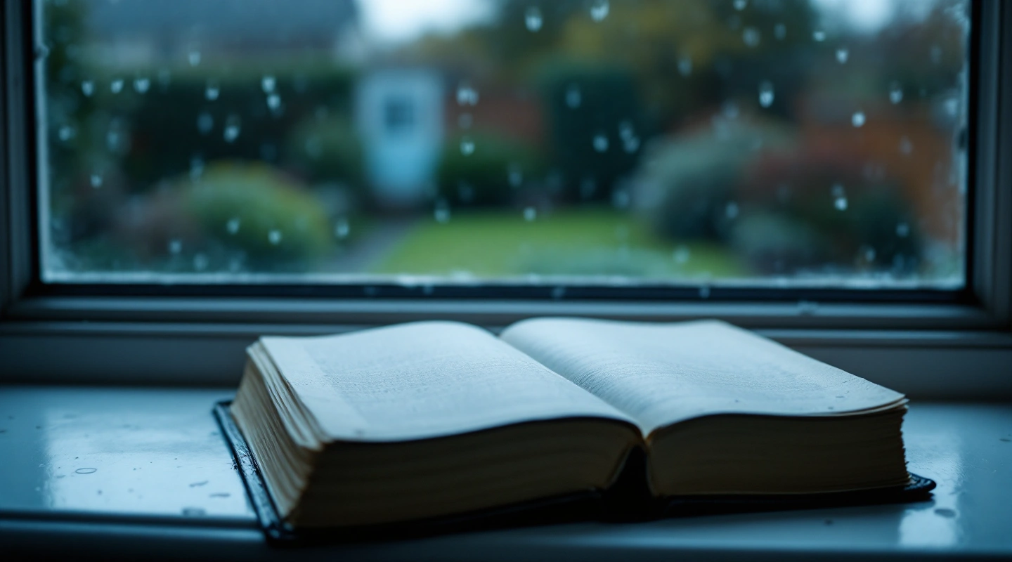 An open book with blank pages on a rain-streaked windowsill.