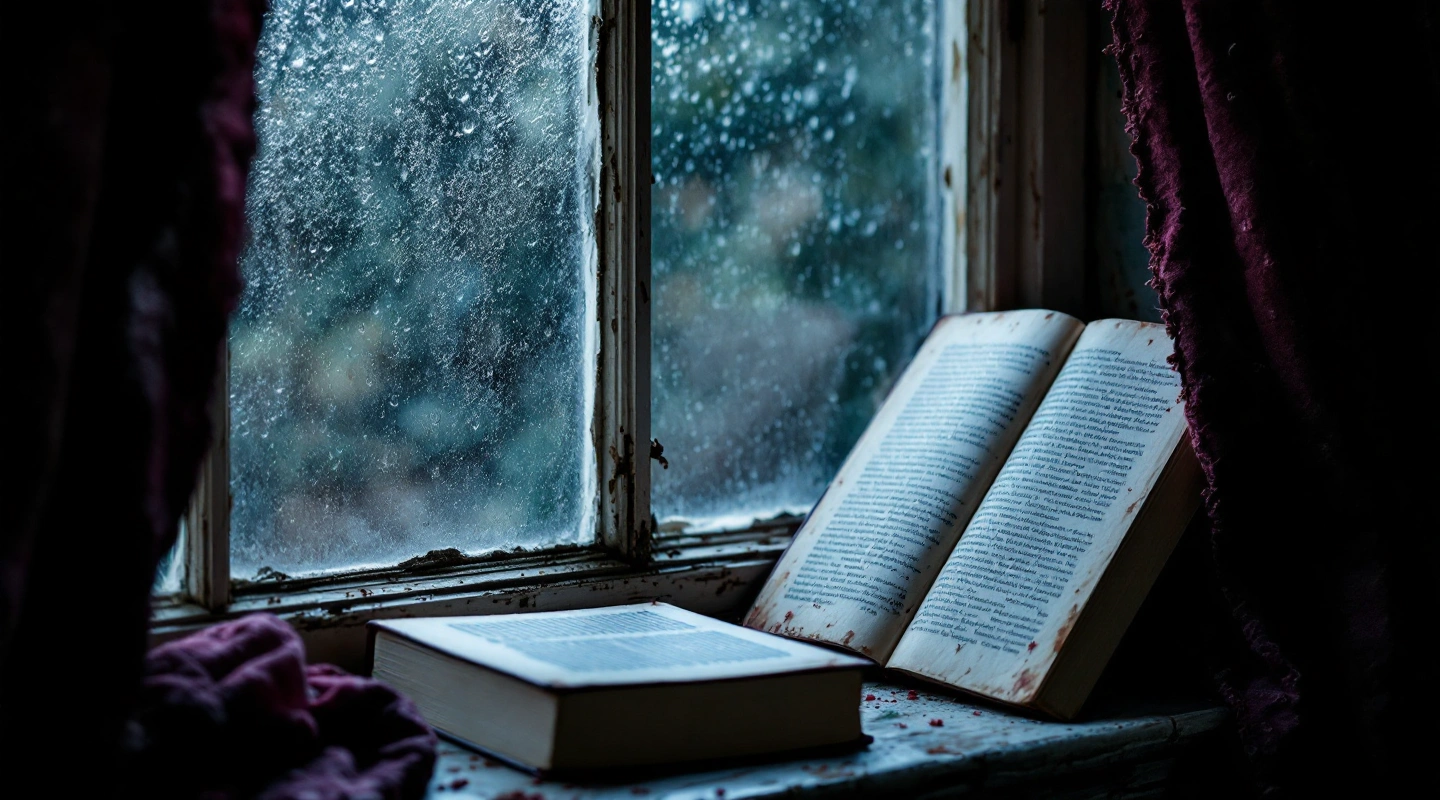 Two open books on a dark window ledge against a rain-streaked pane.