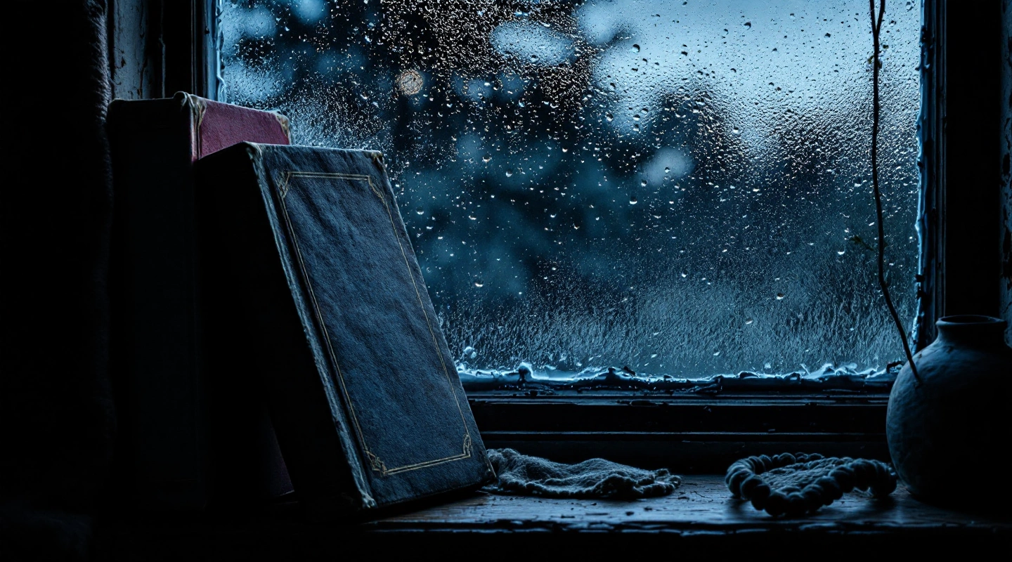 Two unlabelled closed books beside a rain-streaked window.