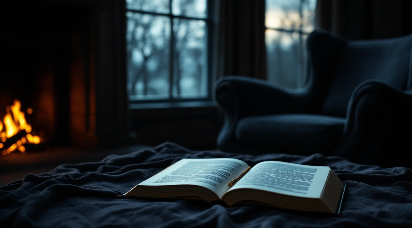 An open book on a dark bed, with a small fire and a window behind.