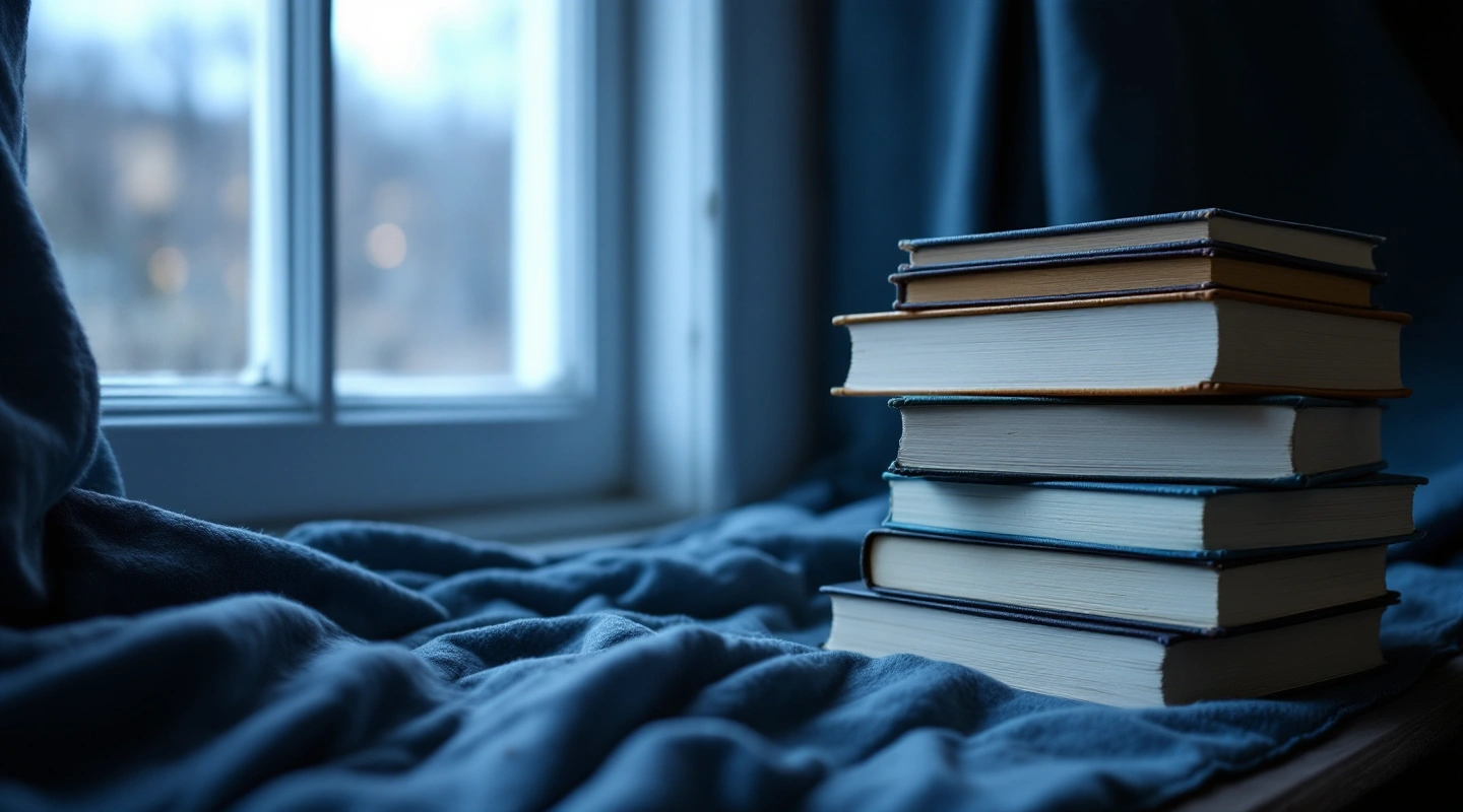 A stack of plain books on a blue blanket beside a window.