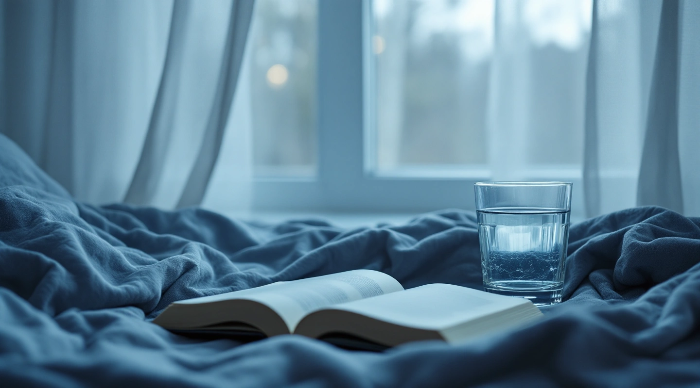 An open blank-paged book and a glass of water by pale window curtains.