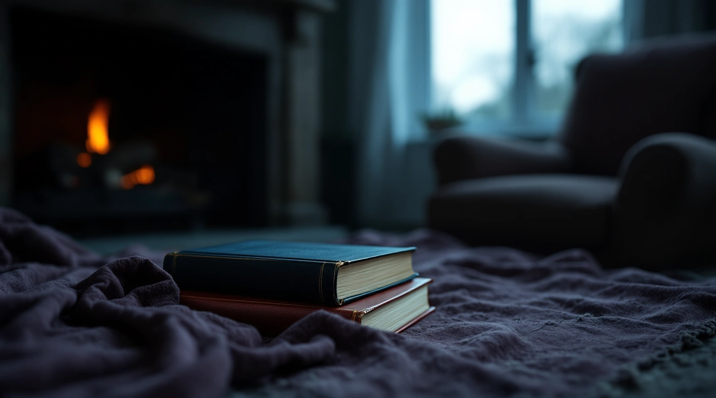 Two plain closed books on a plum blanket in a quiet room.