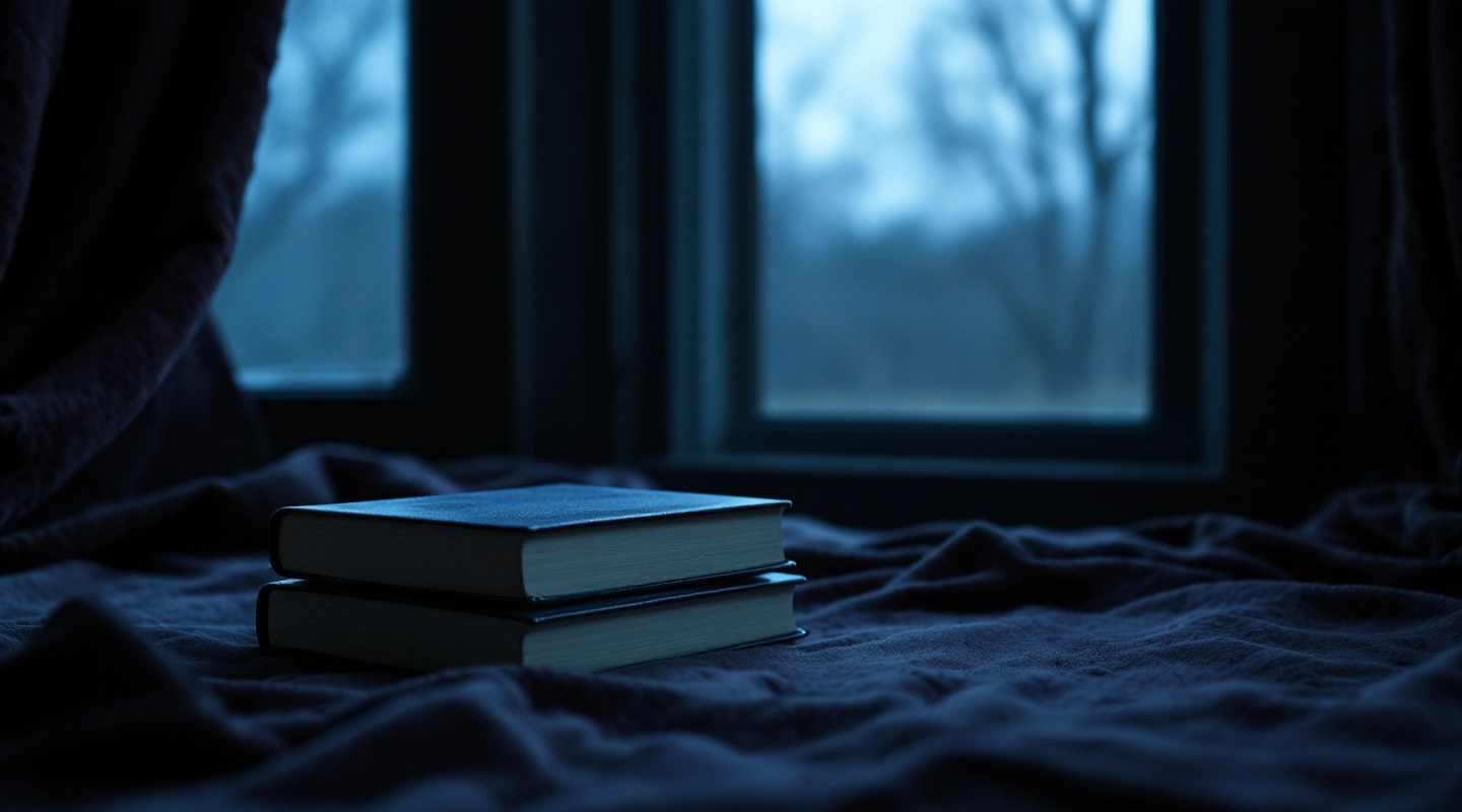 Two plain closed books in blue window light.