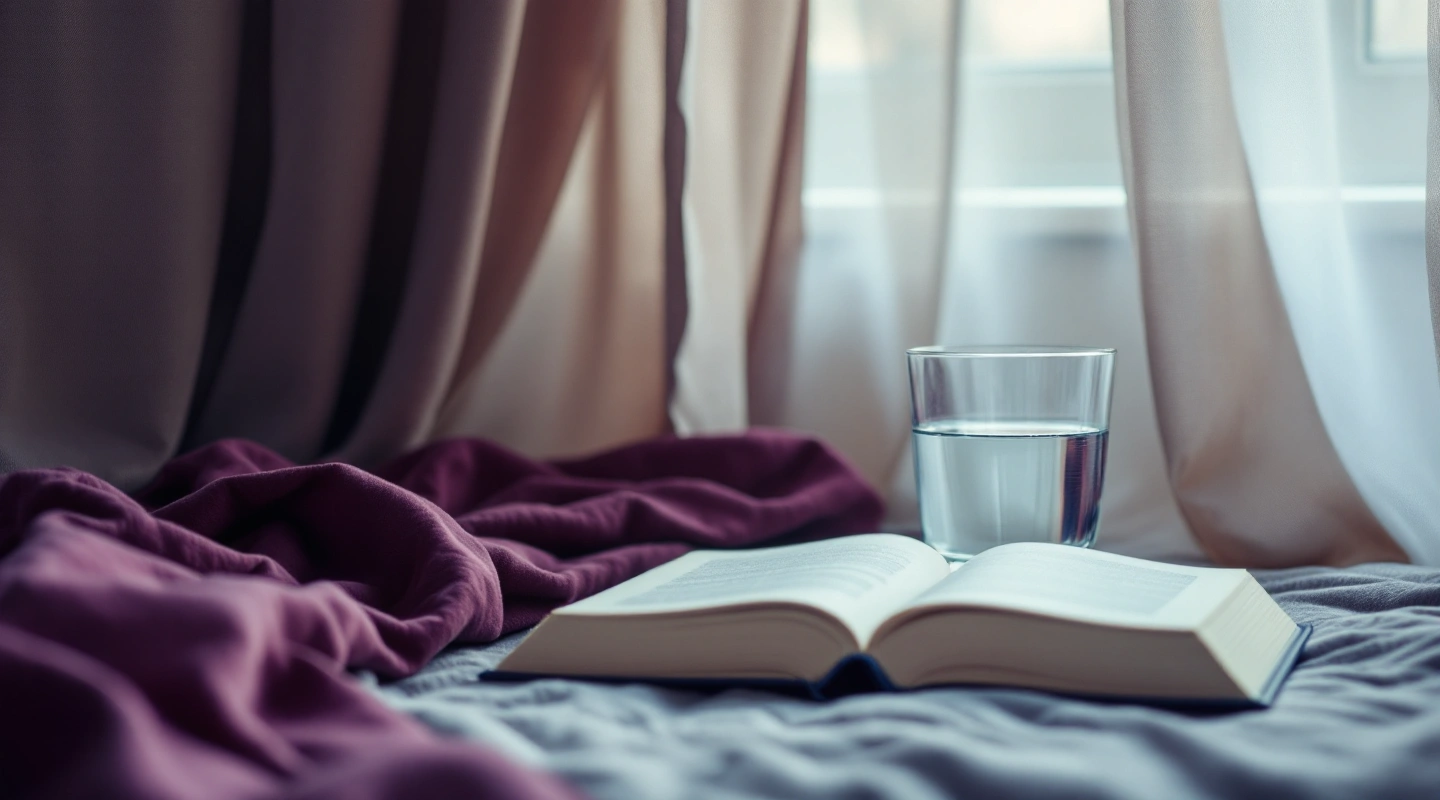 An open blank book and a glass of water beside pale curtains.
