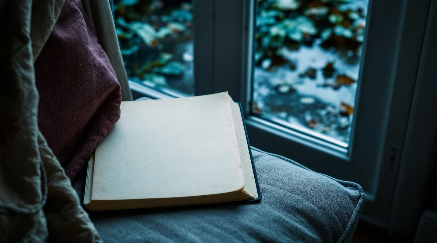 An open blank book on a chair beside a leafy window.