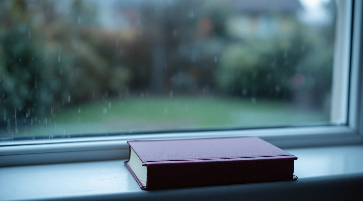 A plain plum-coloured book on a rain-streaked windowsill.