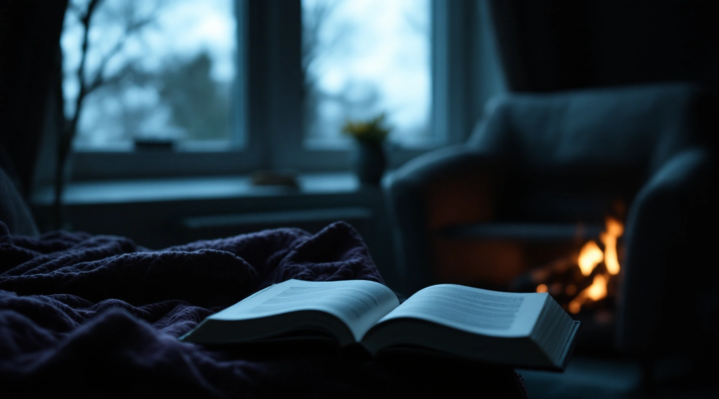 An open book on a dark throw with a fire glowing beside an armchair.