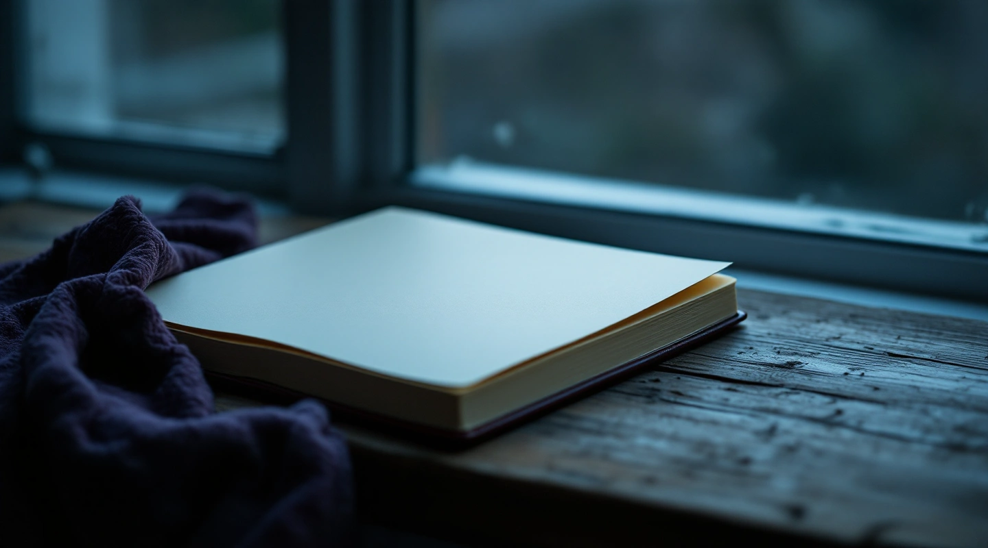 An open book with blank pages on a wooden windowsill.